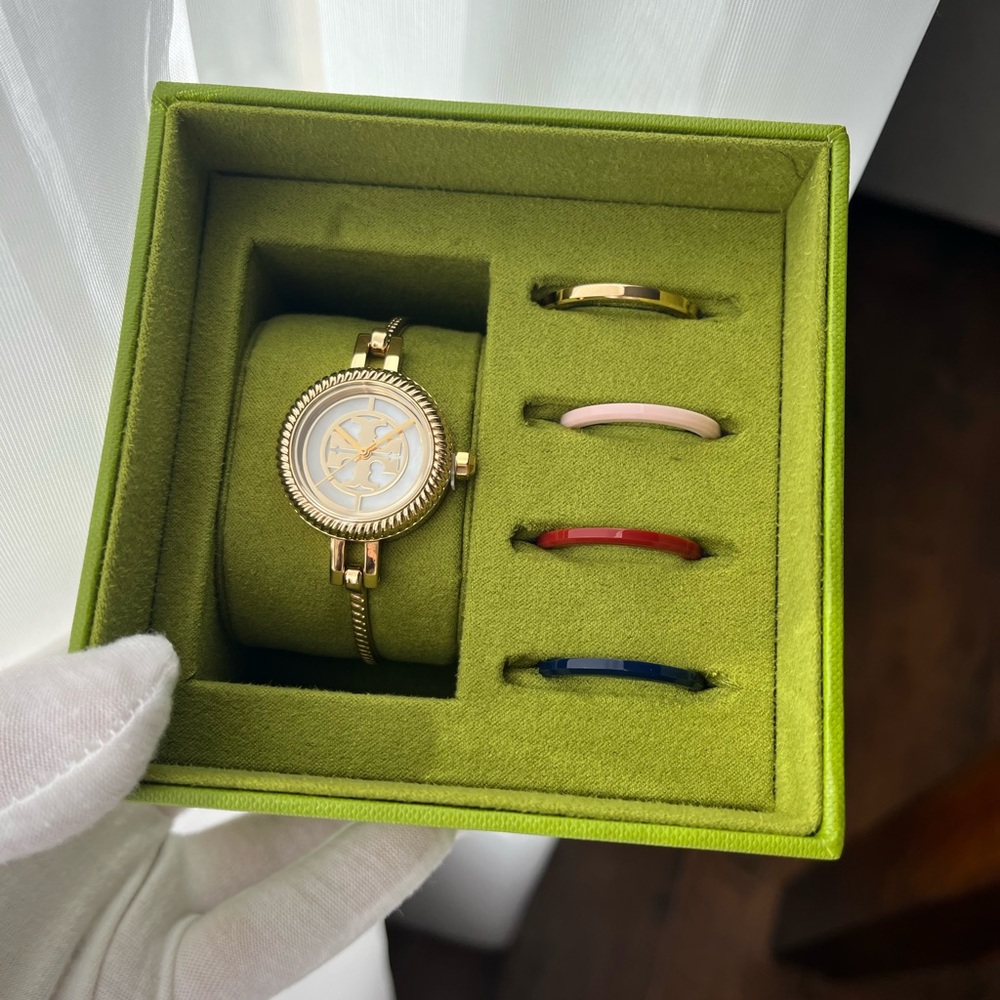 Tory Burch Women's Reva Gold-Tone Stainless Steel Bangle Bracelet Watch Gift Set